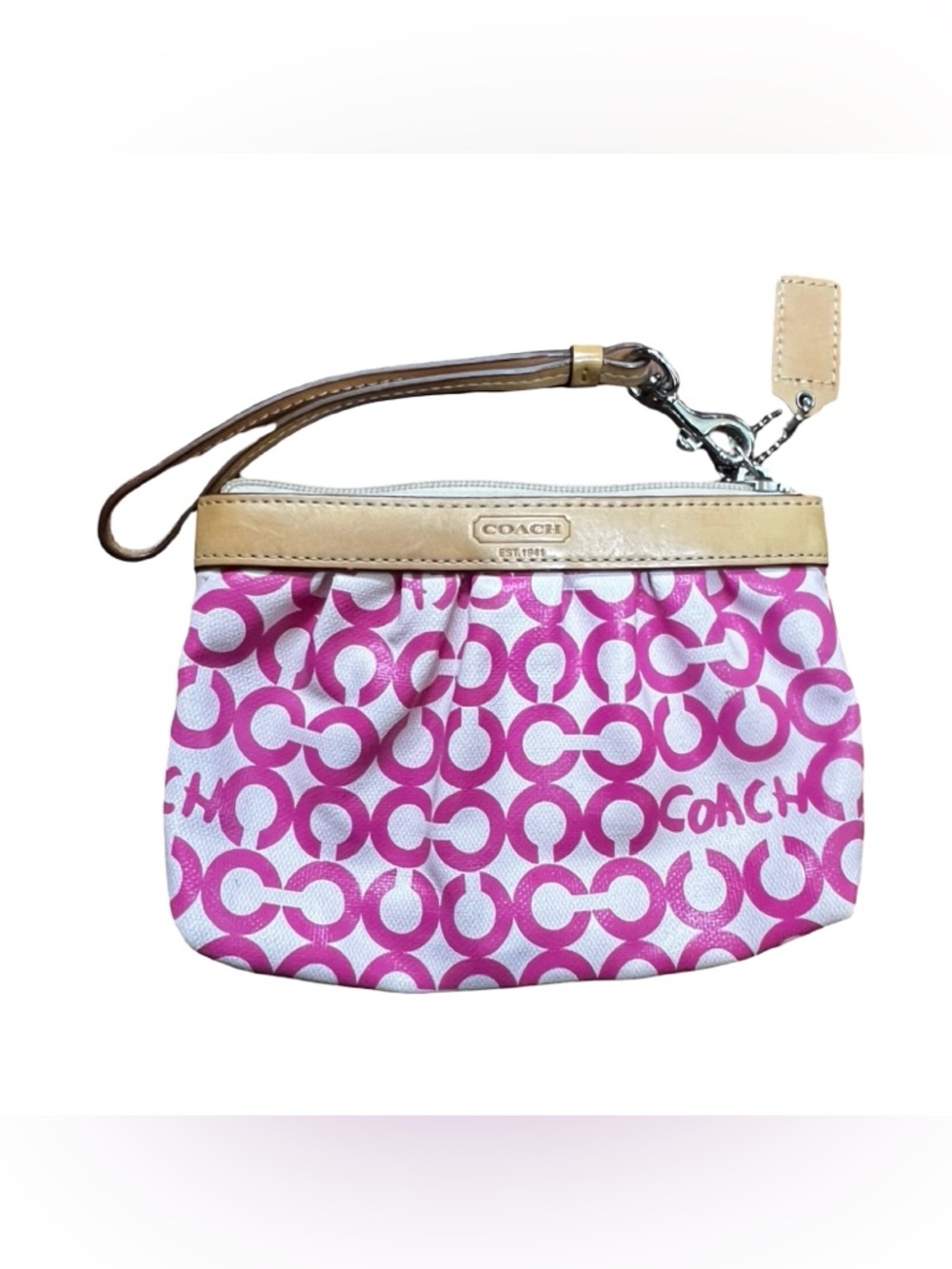 Coach Pink patent Signature Wristlet with Tan Trim and Detachable Strap